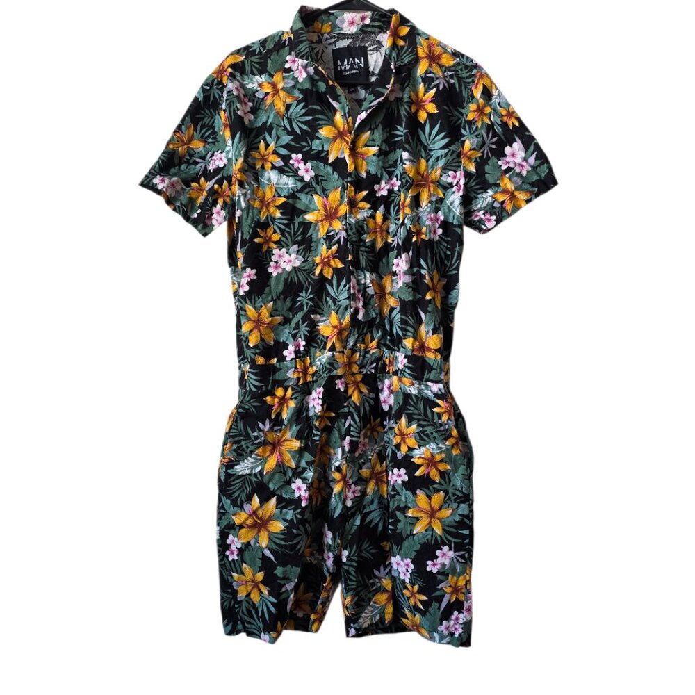 boohooMAN Floral Print Revere Collar Short Jumpsuit